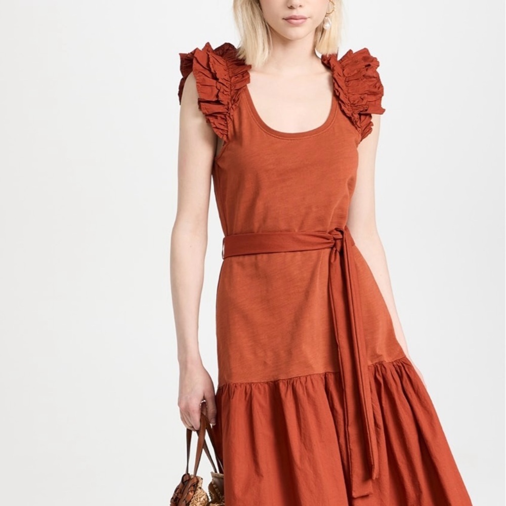 Nation Everleigh Frilly Dress Cayenne Red Orange poplin flutter sleeve Sz XS - Picture 4 of 14